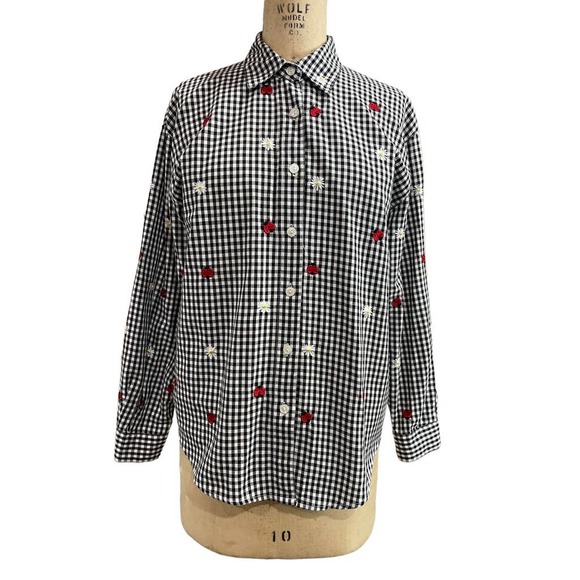Teddi Gingham Black White Button Front Ladybug Tab Sleeve Shirt Small - Picture 1 of 9